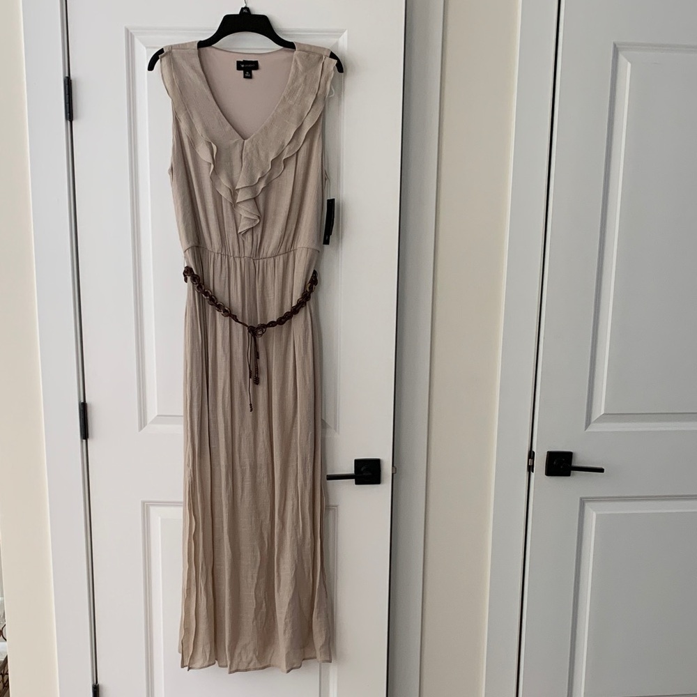 AB Studio Taupe Maxi Dress with Ruffle and Belt